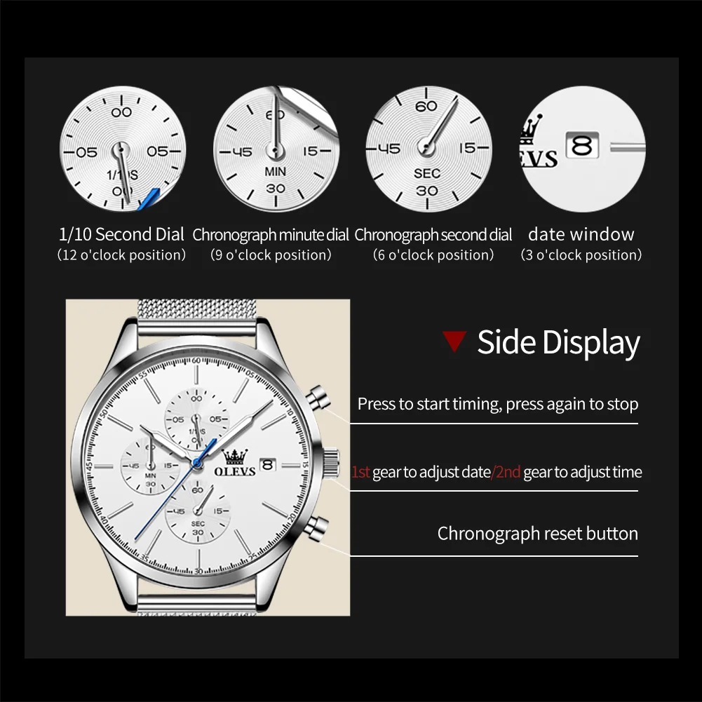 OLEVS 2881 Original Men's Watch Mesh Steel Strap Classic Small Dial Chronograph Calendar Wristwatch Luxury Quartz Watch for Man
