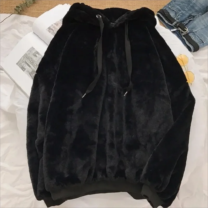 Autumn and Winter loose simple commuter plush thickened women's loose new coat Fashion hooded puffy hoodie