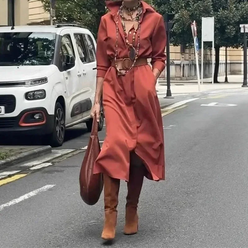 Hemdkragen, hohe Taille, Temperament, einfarbiges Kleid, lockerer, lässiger Pendlerstil, mittellanger Rock für Frühling und Herbst