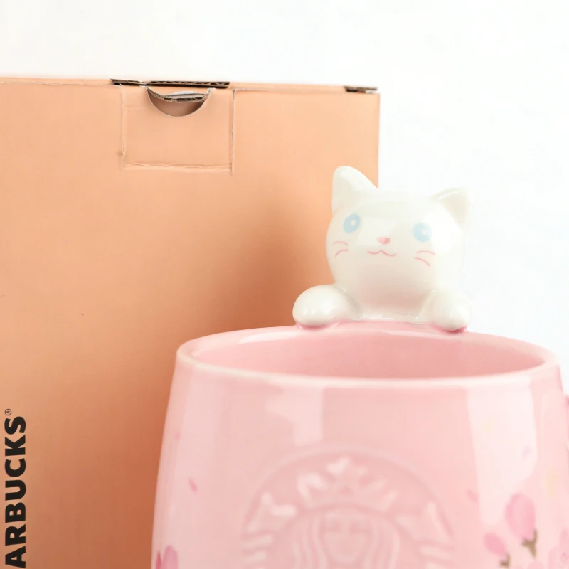 Caneca de Cerâmica Starbucks 355ml com Design de Gato Sakura Rosa, Presente Perfeito para as Festas