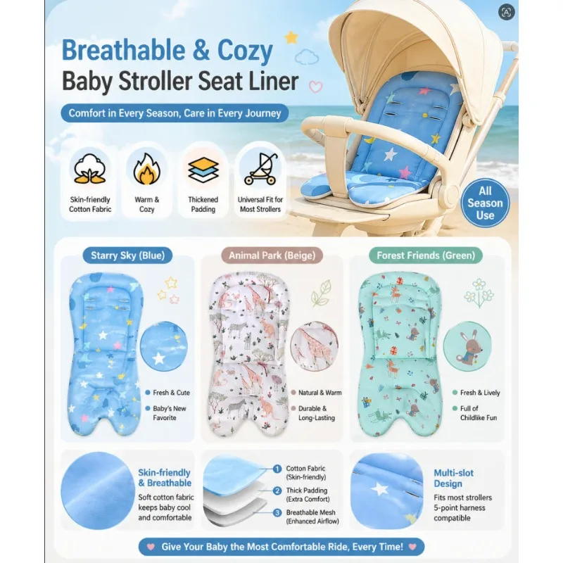 All-Season Baby Stroller Pad—The Ultimate Must-Have for Outings: Stroller Pad, High Chair Pad, and Walker Pad—100% Cotton