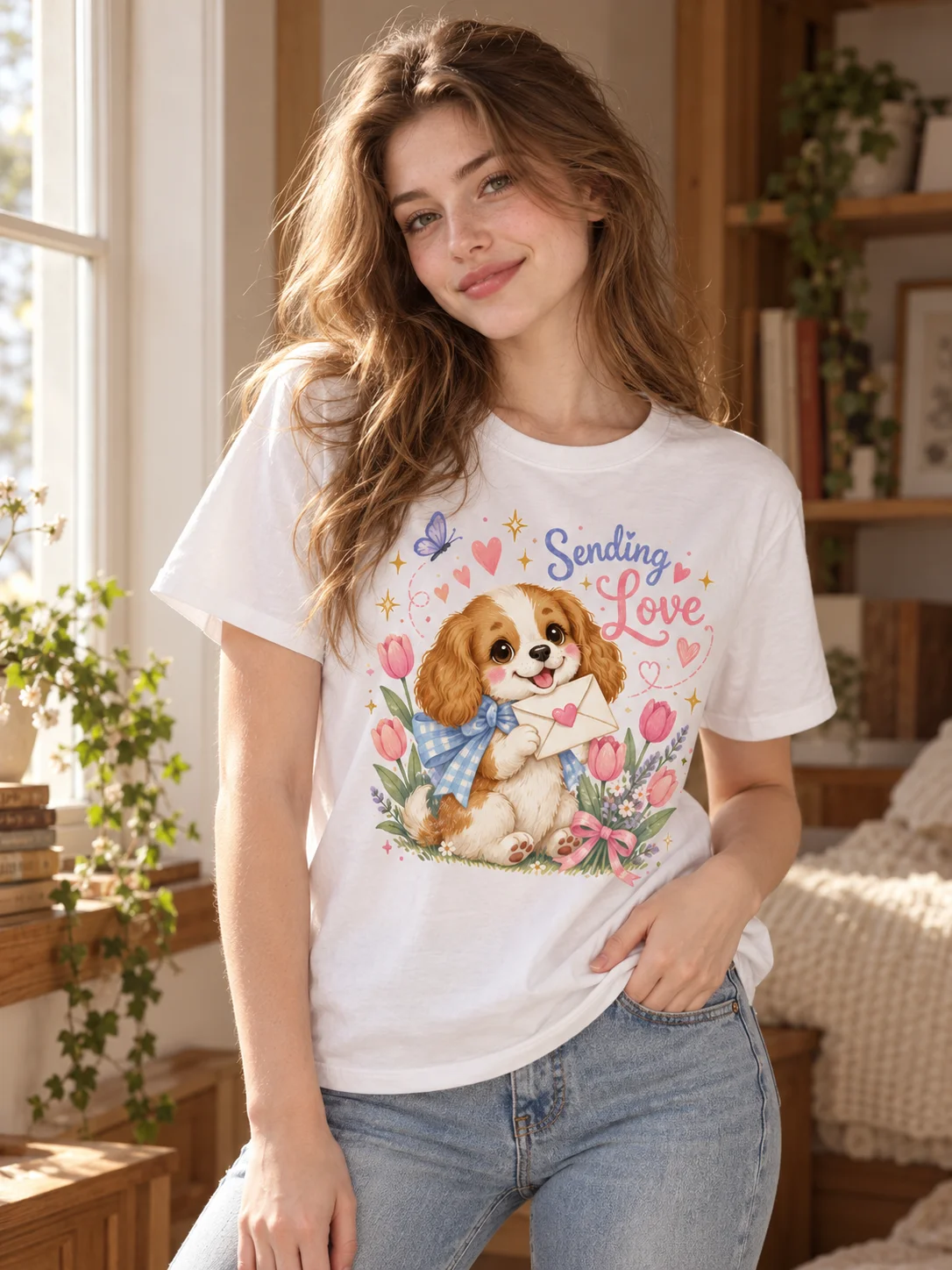 Women Cotton T-Shirt Sending Love Cavalier King Charles Spaniel Tulip Butterfly Heart Graphic Short Sleeve Tee