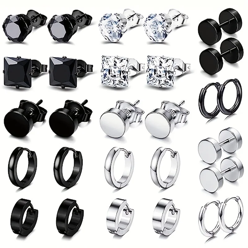 14 Pairs Earrings For Men, Black Earrings Mens Earrings, Stainless Steel Stud Earrings For Women Huggie Hoop Earrings Set