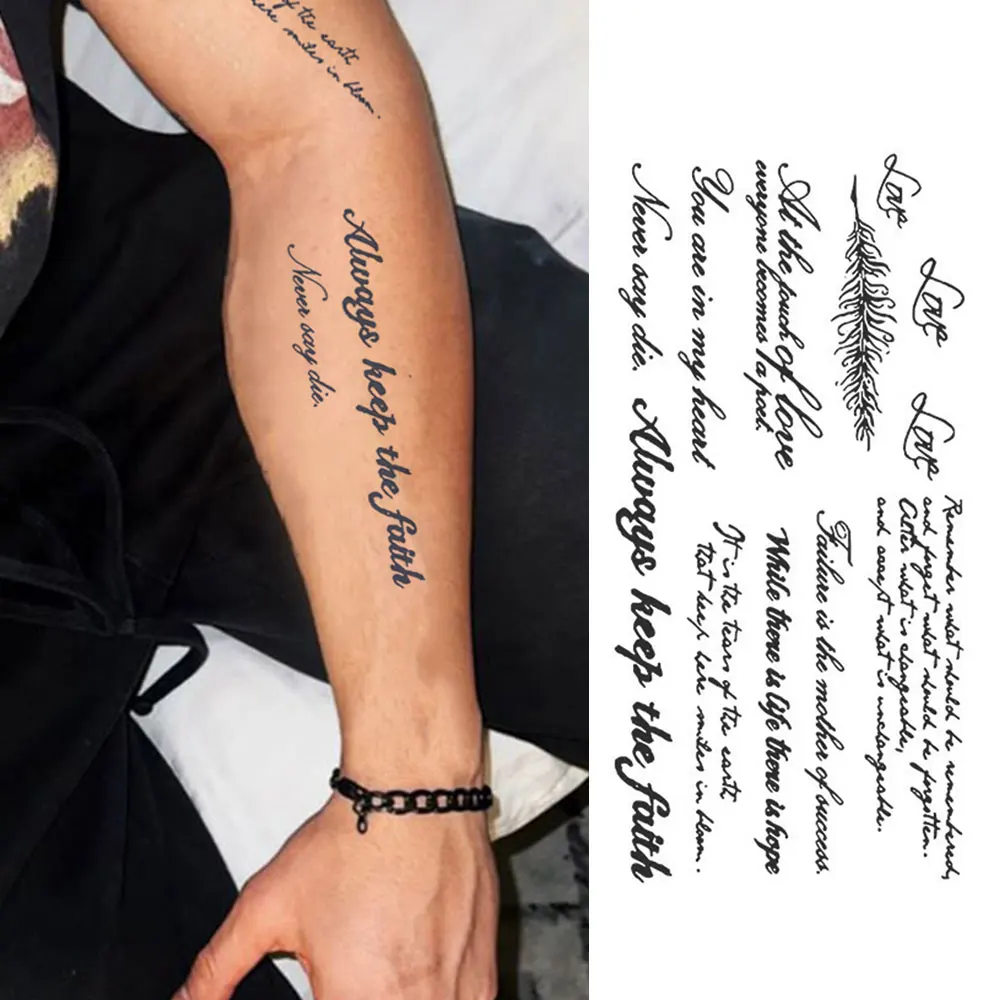 Juice Ink Lasting English Word Waterproof Temporary Tattoo Sticker Black Letter Feather Fonts Fake Tattoo Body Art Men Women Arm