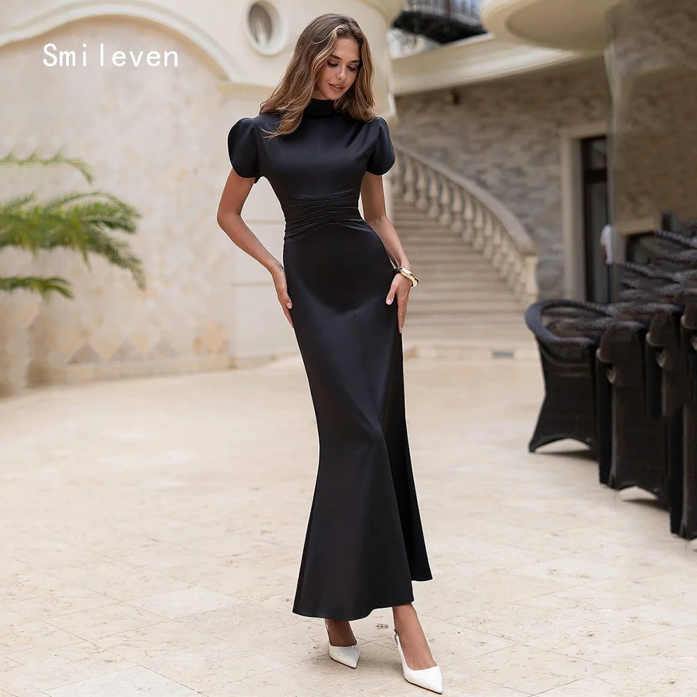 

Smileven Luxury Black Mermaid Prom Dress Simple High Neck Party Gowns Puff Sleeves Formal Occassion Dress Customized 2026