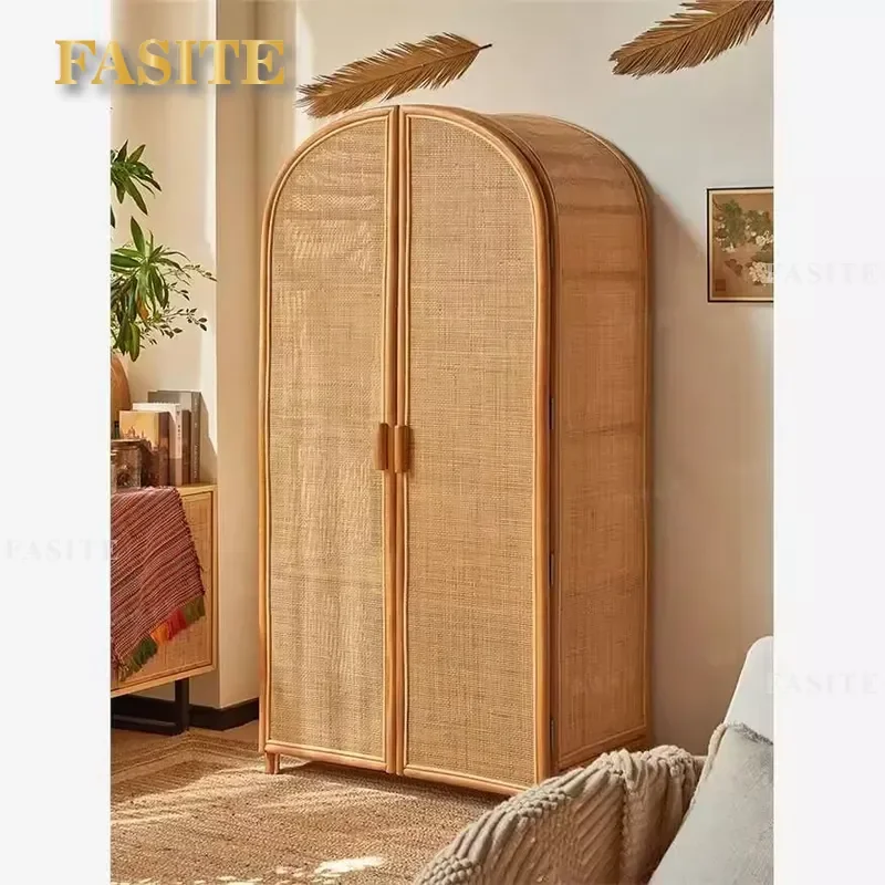 For Indonesian Rattan Art Double Door Full Rattan Wardrobe New Chinese Style Home Bedroom Large Capacity Storage Cabinet
