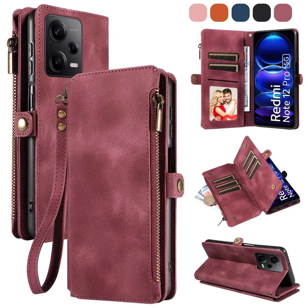 Multi-pocket Leather Wallet Case for Redmi Note 13 4G 13 Pro Plus 5G Flip Handbag Zip Strap Pouch Stand Full Coverage Bumper