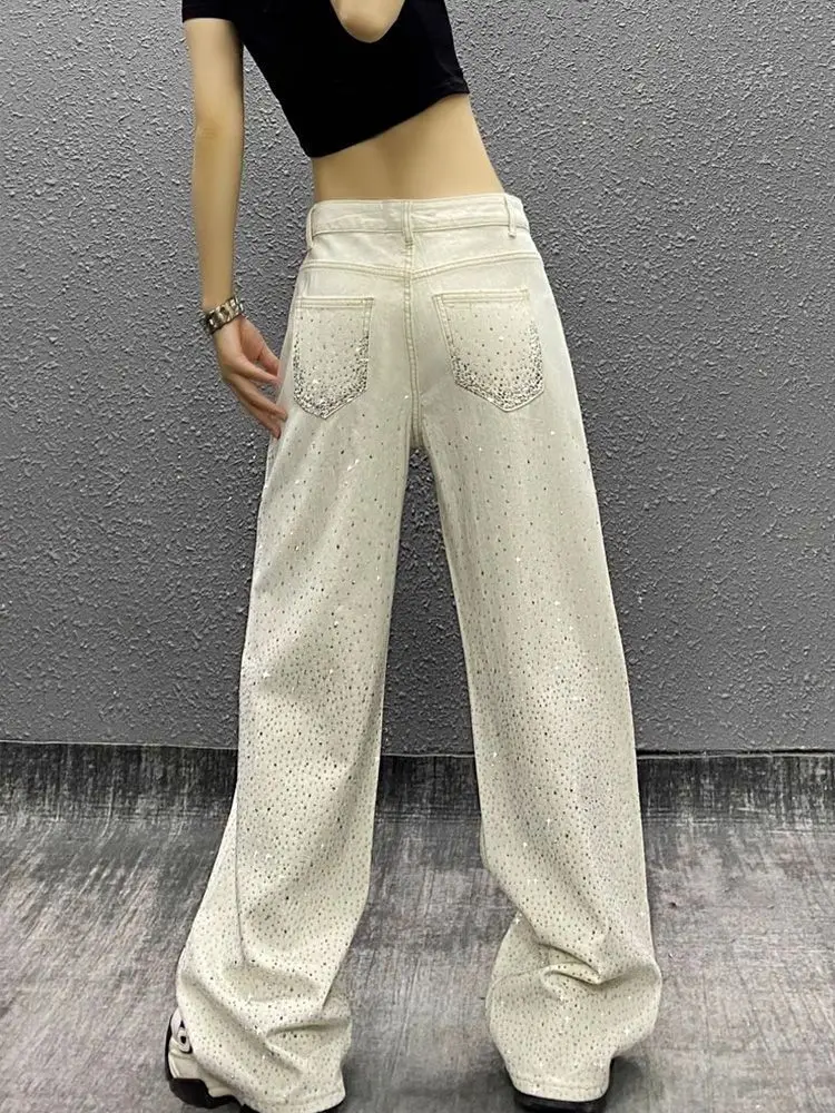미국 하이 스트리트 풀 라인스톤 패치워크 여성용 여름 Y2K 핫걸 루즈핏 릴렉스드 슬라우치 디자인 데님 팬츠