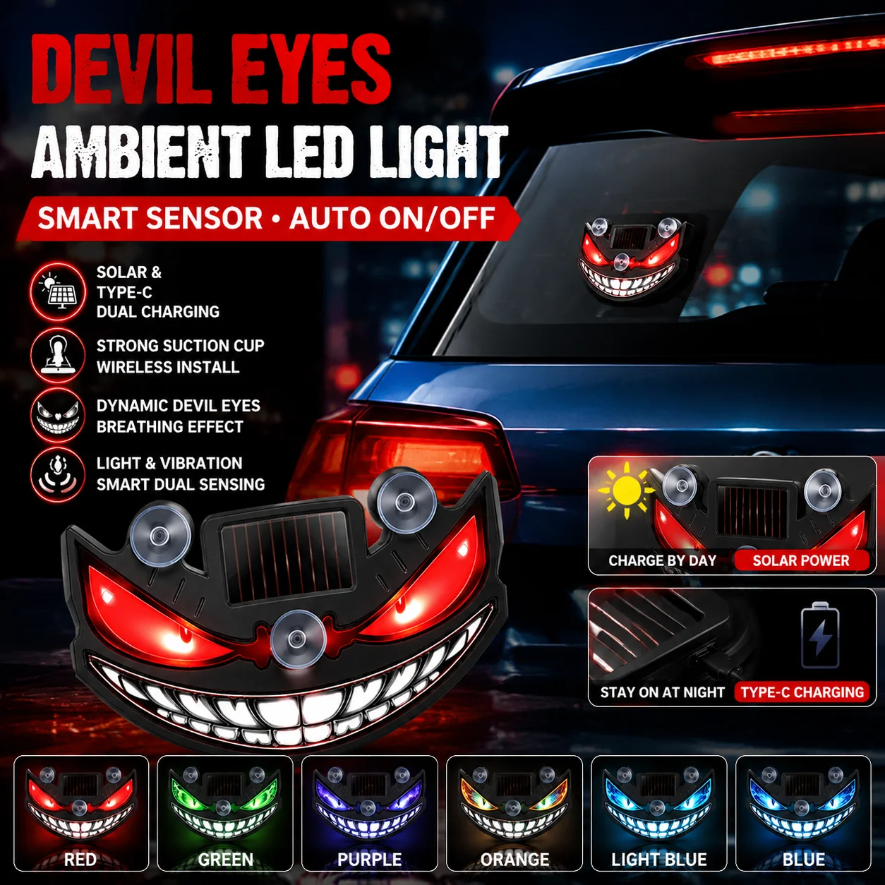 Smart Sensor Devil Eyes Car LED Light Solar USB Rechargeable Suction Cup Dynamic Breathing Effect Car Rear Window Decor Lamp