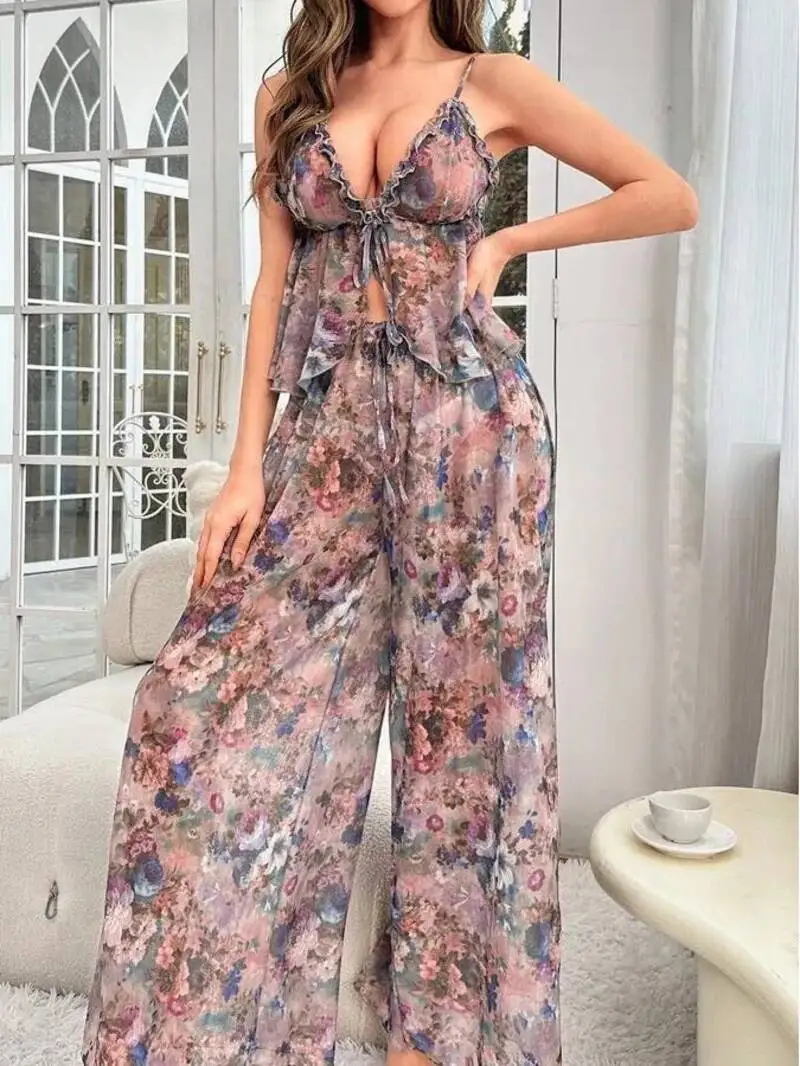 

Сексуальные комплекты брюк с цветочной вышивкой, прозрачные повседневные комплекты брюк с открытой спиной и глубоким V-образным вырезом, подтяжки, комплекты брюк без рукавов, элегантные комплекты для отдыха AHXO