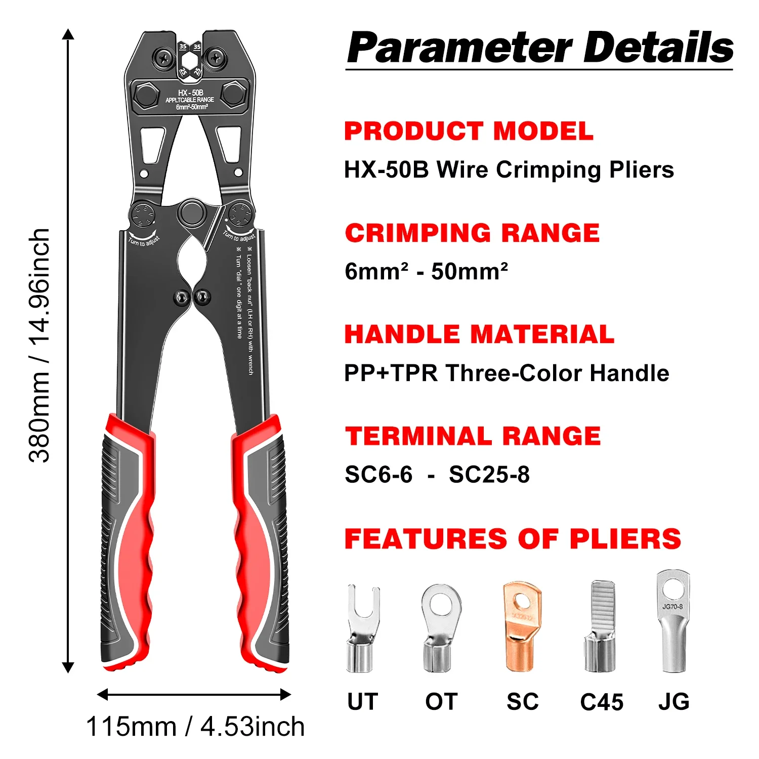 HX-50B Heavy Duty Manual Crimping Tool Cable Lug Crimper Pliers for OT YO SC Wire Terminals 6 to 50mm²