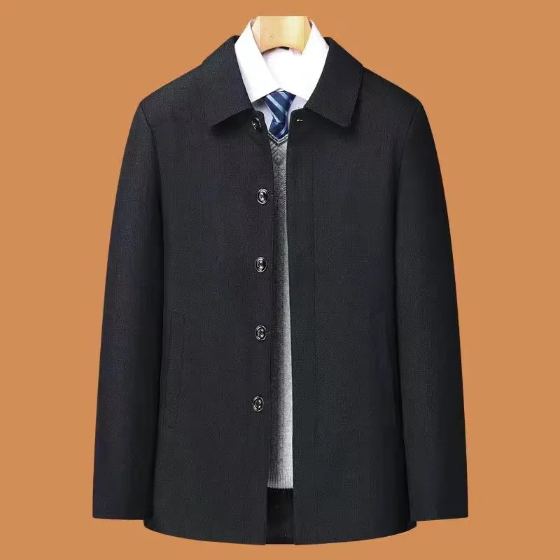 

Pure Color Men's Windbreaker Coat Buttoned Collar Busin Sle Autumn Outerwear for Middle-Aged And ly Men