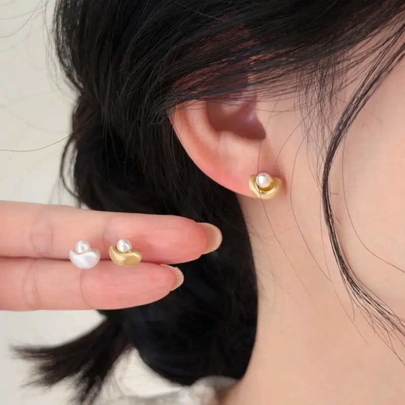 Ingot Shaped Imitation Pearl Stud Earrings Matte Gold Silver Finish Skin-friendly for Girls Daily Party Wear