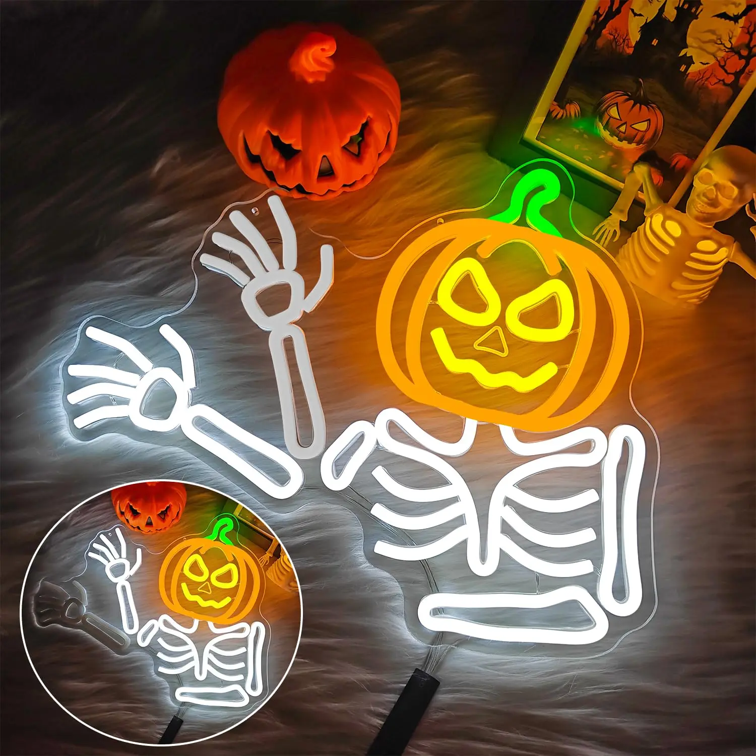 Waving Skeleton Pumpkin Neon Sign Dimmable Skeleton Flashing Neon Sign Wall Decor for Halloween Window Party Game Room