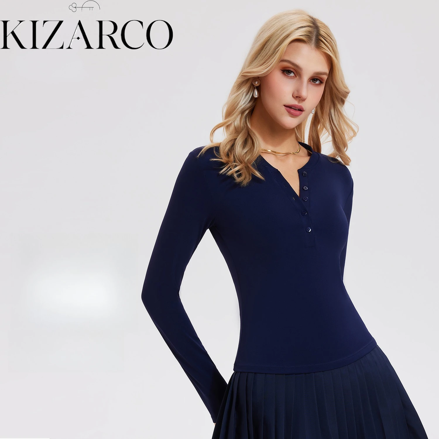 Spring Athletic Navy Women's Long Sleeve Running Top with V-Neck Button Design Tummy Control Slim Fit High Waist Seamless