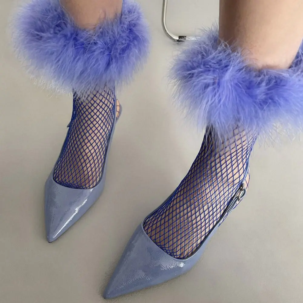 Unique Mesh Feather Fishnet Stockings Grid Bright Color Hollow Out Socks Hosiery Patchwork Mid Tube Socks Party