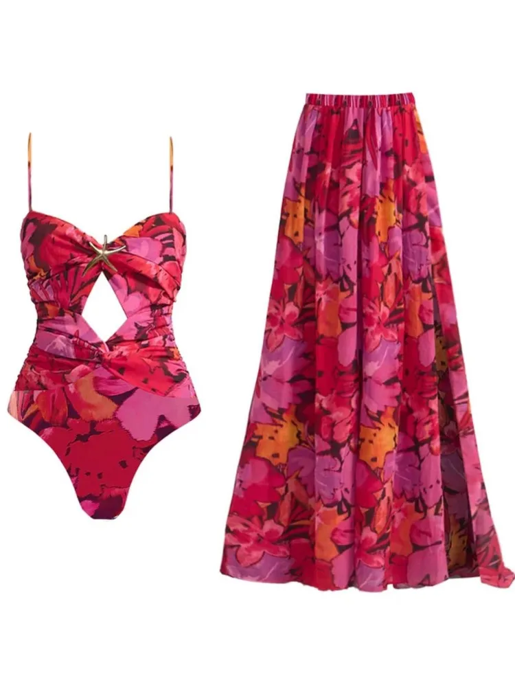 Retro Green Color Matching Printed One Piece Swimsuit Sexy Beach Swimwear Fashion Strap Cover-up Blouse Pre-sale New 2025