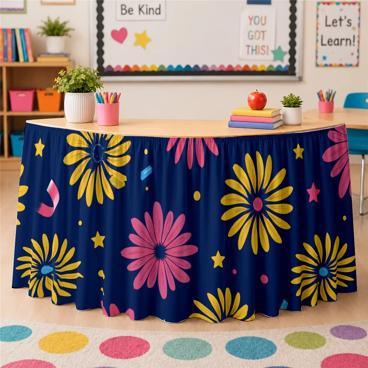 One table skirt with small daisy pattern, made of polyester, bright and vibrant, energetic and fun, tablecloth