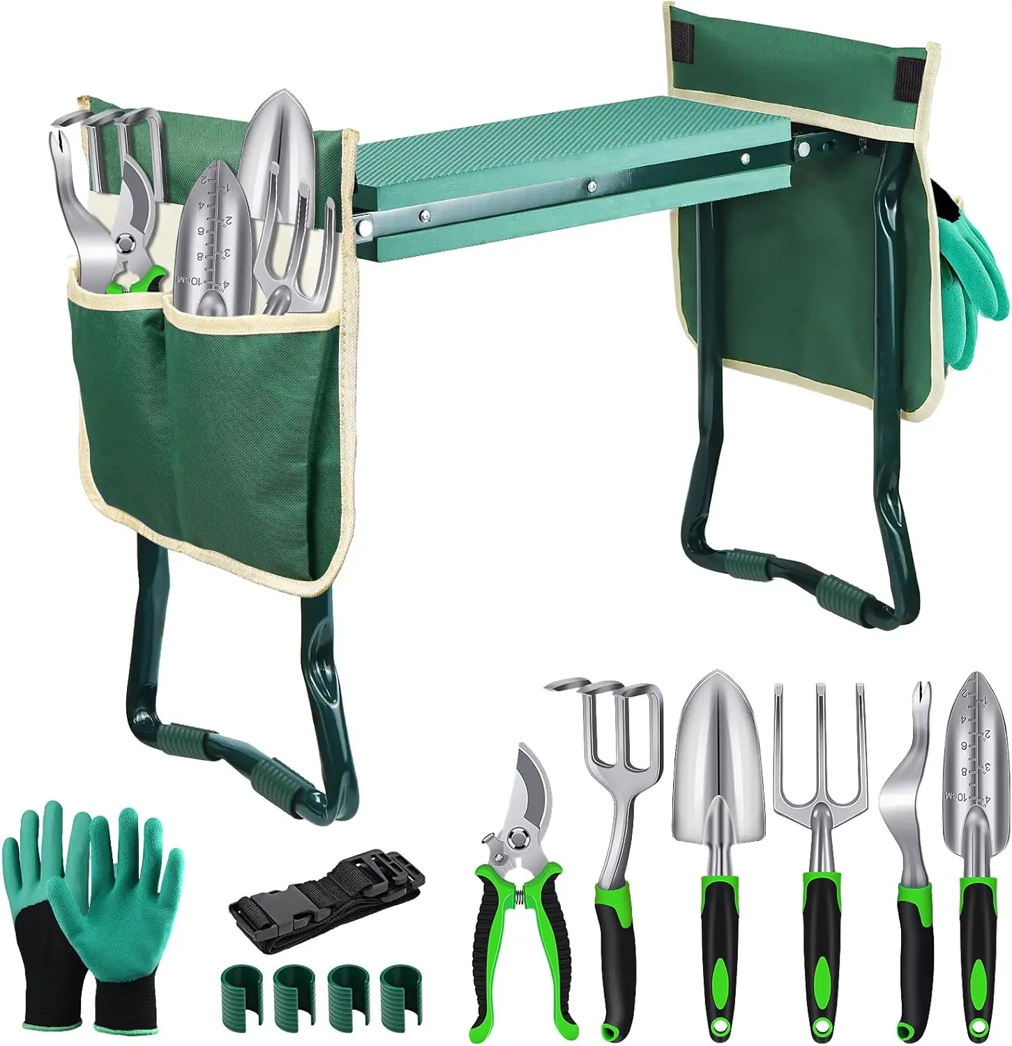 MENOLY Garden Kneeler and Seat, Folding Gardening Stool with Kneeling Pad, 6 Garden Tools, Tool Pouches, Glove, Detachable Belt