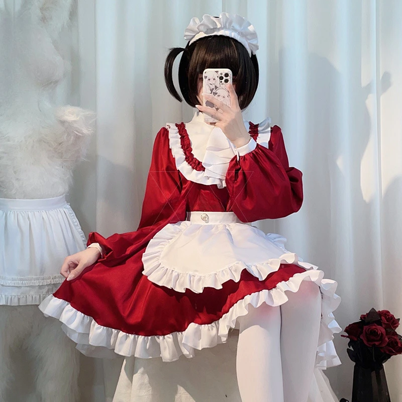 

Akihabara Crimson Cat Maid Set Velvet Lolita Dress with Apron Ears Gothic Anime Cafe Uniform for Halloween Tea Party Cospla
