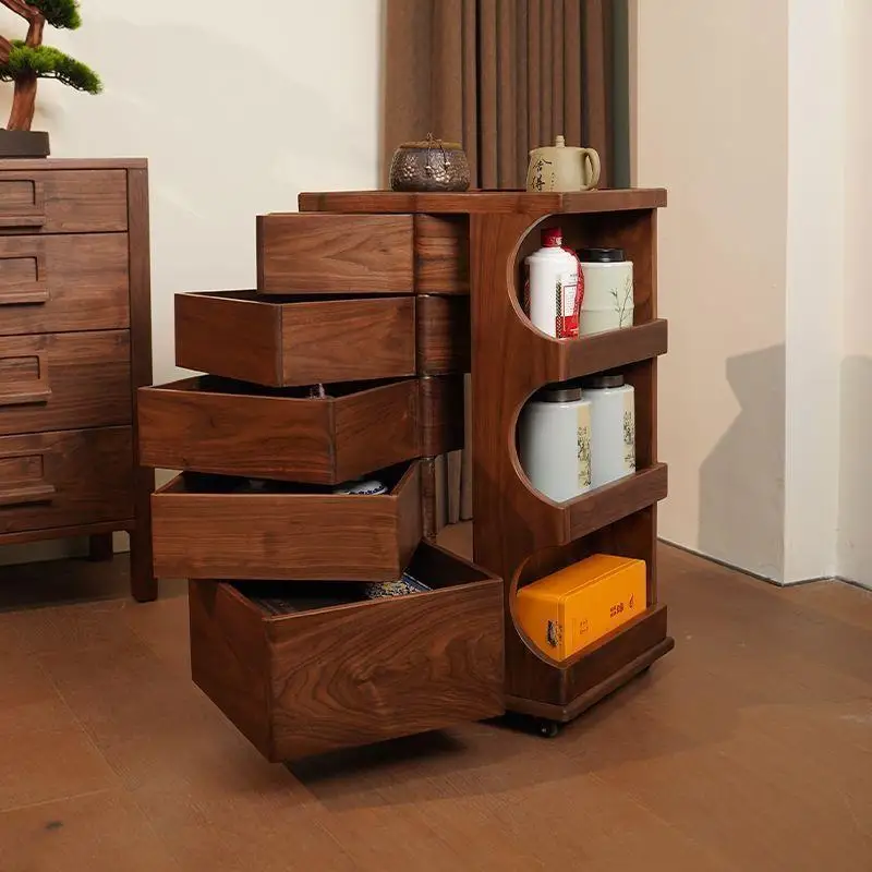 Solid wood rotating mechanism storage cabinet household movable living room tea side cabinet multi-function
