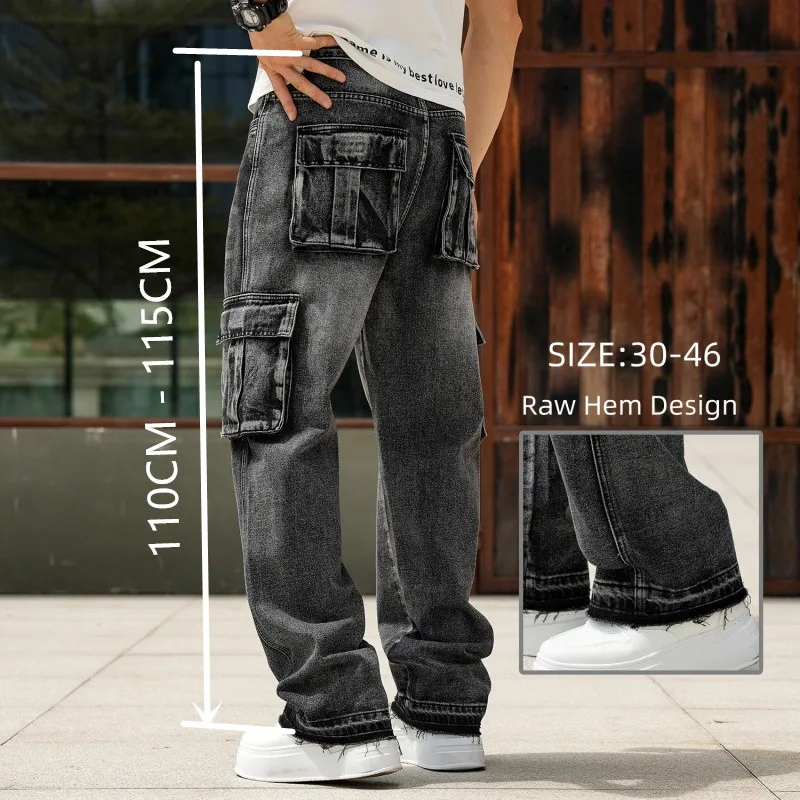 Wide Leg Jeans Men Extra Long 110-118CM Pockets Frayed Raw Hem Plus Size 42 44 46 Trousers Youth Hip Hop Loose Denim Cargo Pants