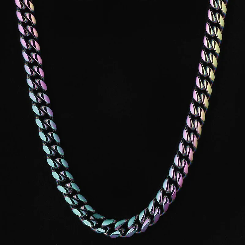12mm 316L Stainless Steel Colorful Rainbow Miami Cuban Chain Necklace Polishing  Vintage Luxury Jewelry Unisex Neck Links Gift