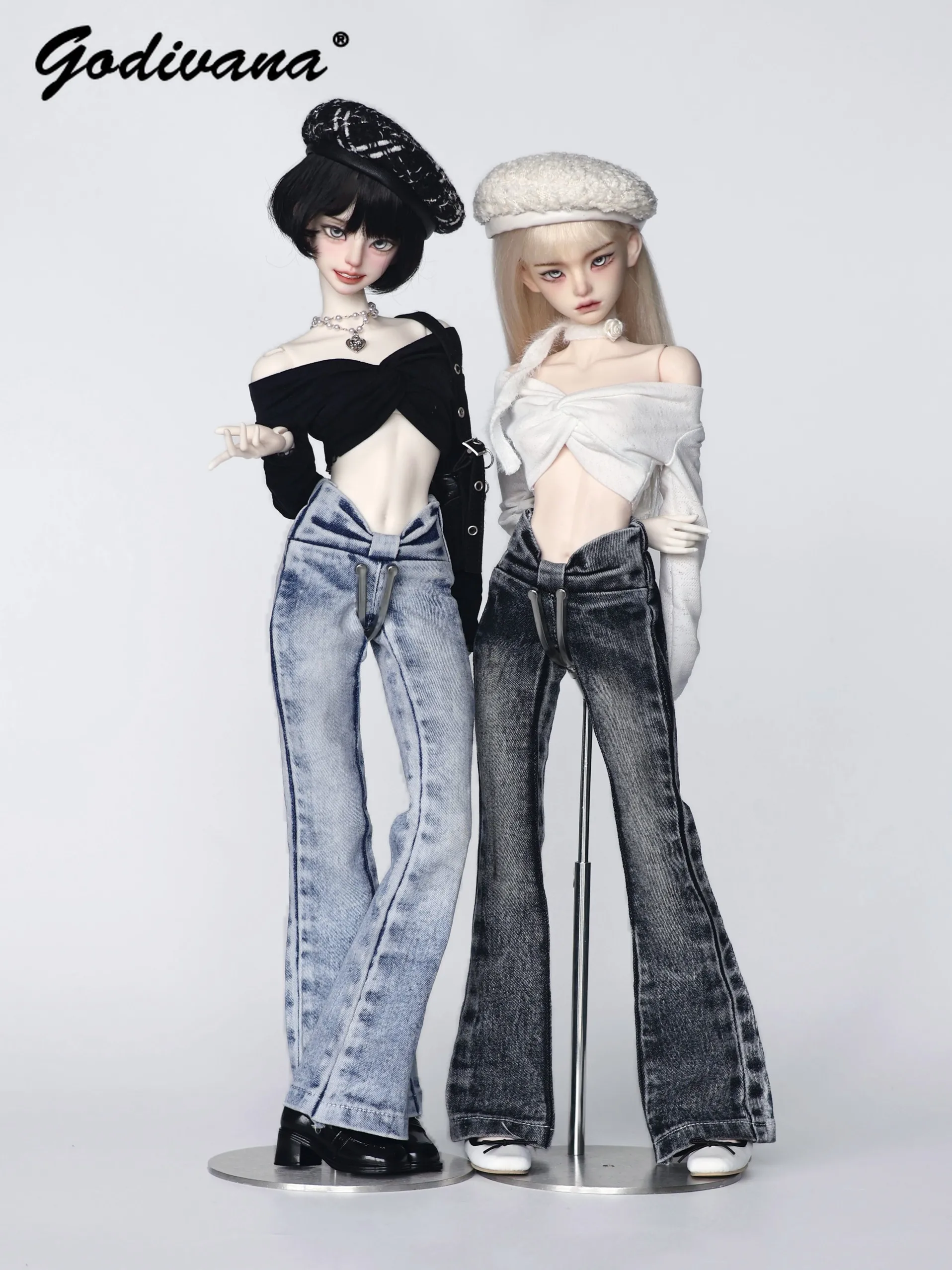 1/4 BJD Doll Clothes Vintage Washed High‑waisted Flared Denim Jeans and Long Sleeve Off-shoulder Cropped Top Doll Clothing Set