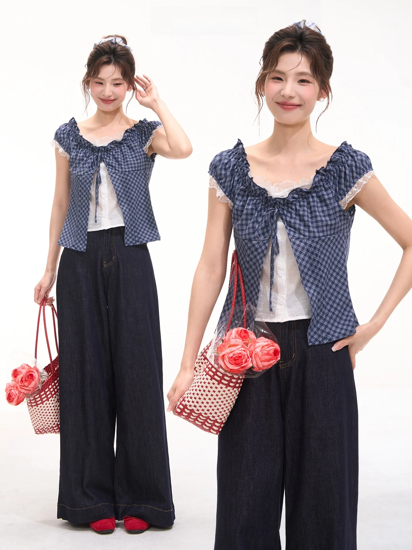 

Summer Sweet Dream Plaid Shirt Women's Fashion Korean Style Short Sleeve Cotton Blend Fabric Versatile Standalone Top