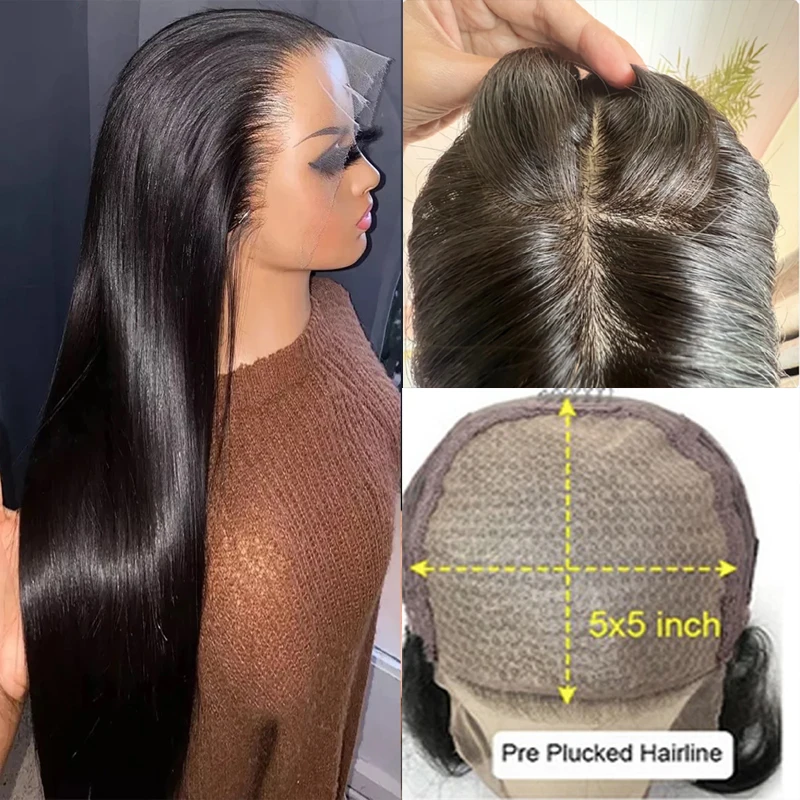 Preplucked Silk Top 30inch Black Straight Jewish Human Hair Wigs With Baby Hair HD Lace 5x5 Silk Base European Hair Glueless Wig