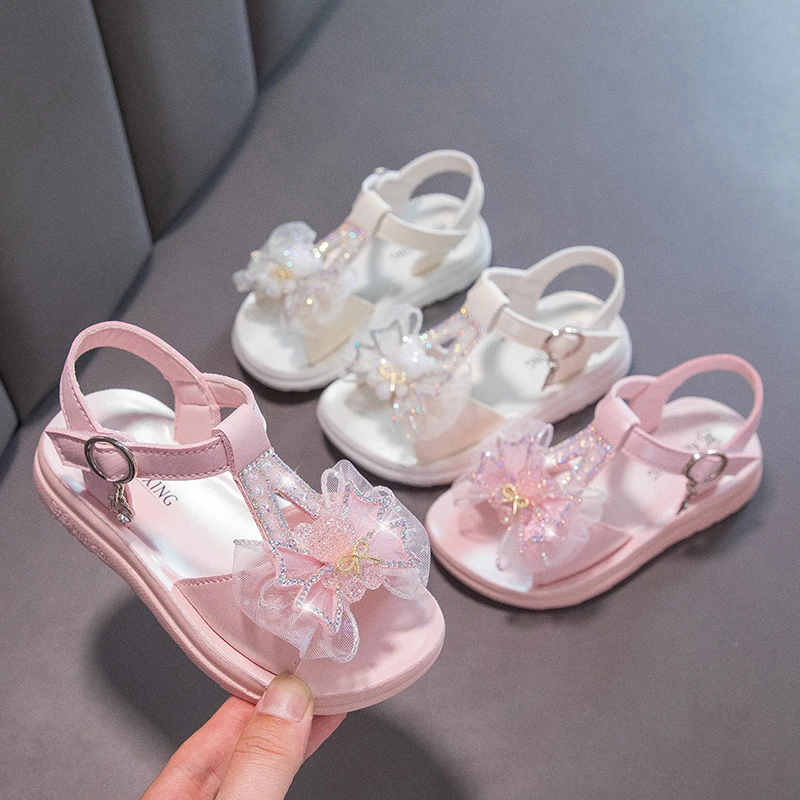

Сандалии для девочек, летняя модная детская обувь на плоской подошве, спортивные сандалии с бантом и стразами, нескользящая детская обувь на толстой подошве