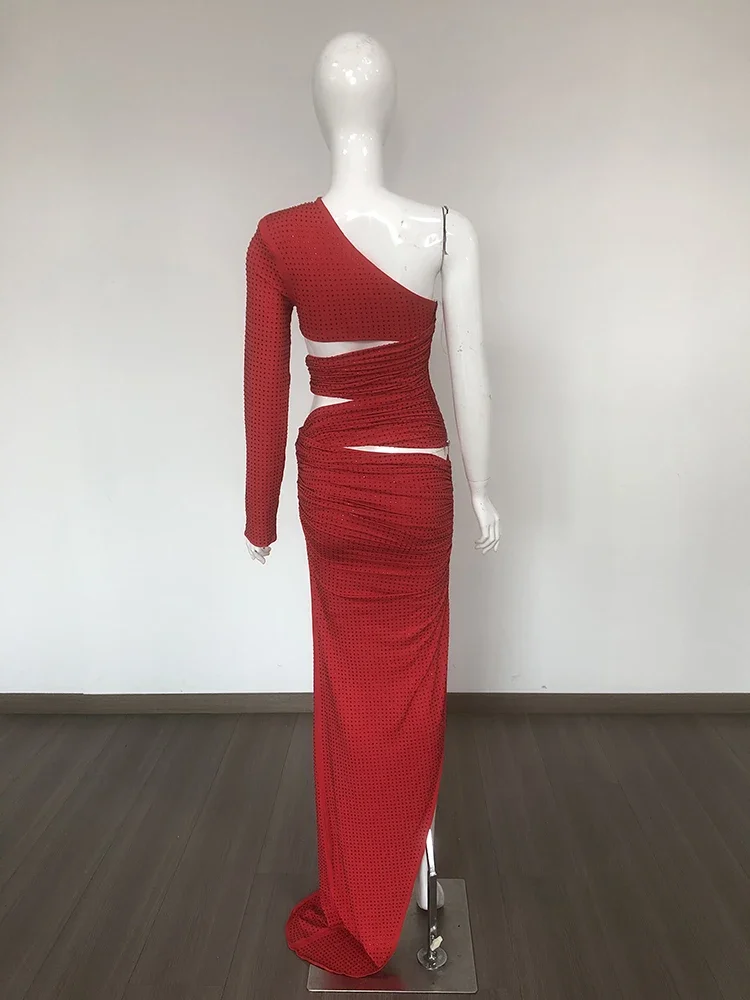 Abiti lunghi sexy con diamanti monospalla a maniche lunghe da donna Elegante abito da sera maxi da sera con spacco increspato rosso ritagliato