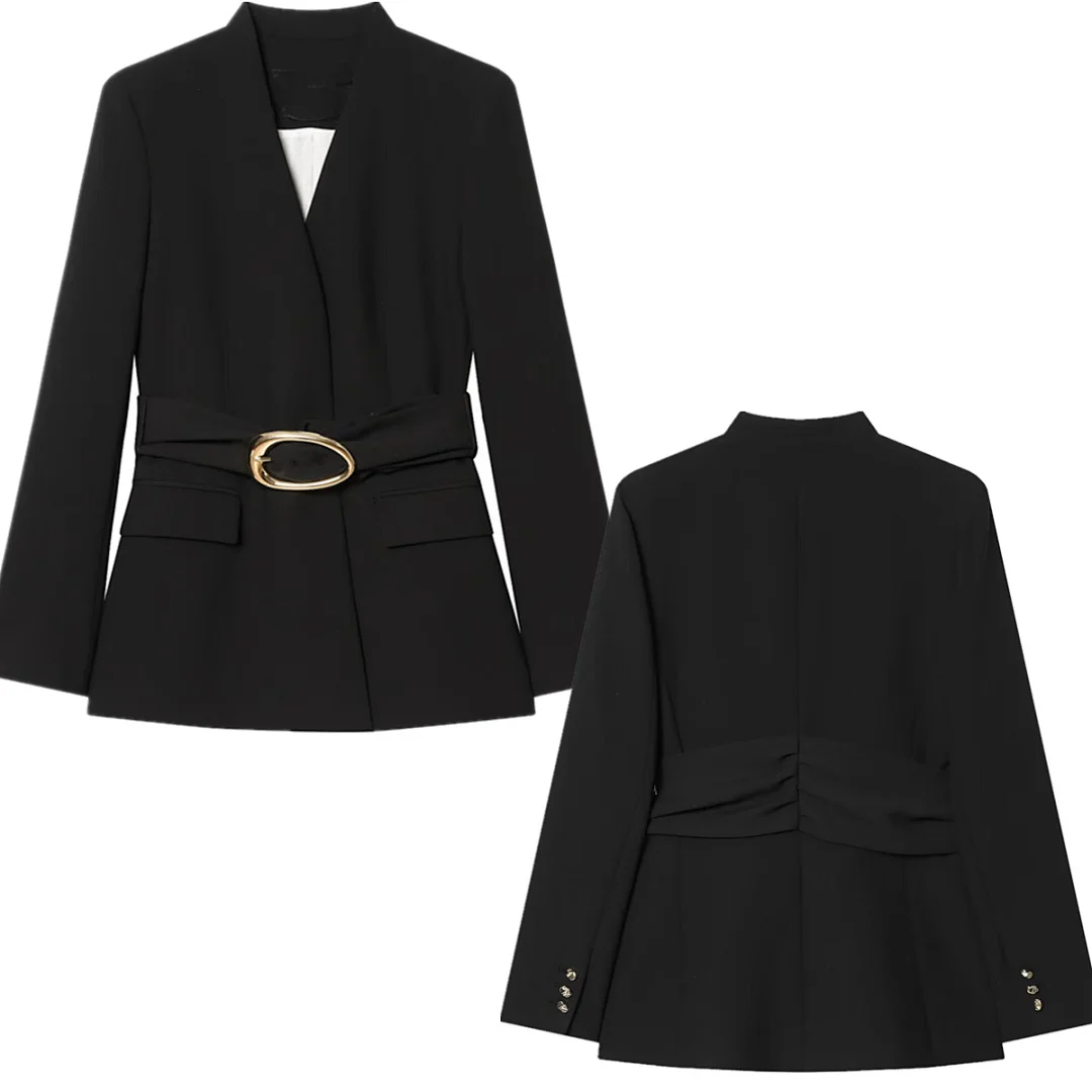 

Maxdutti Minimalist Gold Buckle Black Color Party Women's Jacket 2026 Spring Casual Women's Blazers And Suit Sets Woman clothing