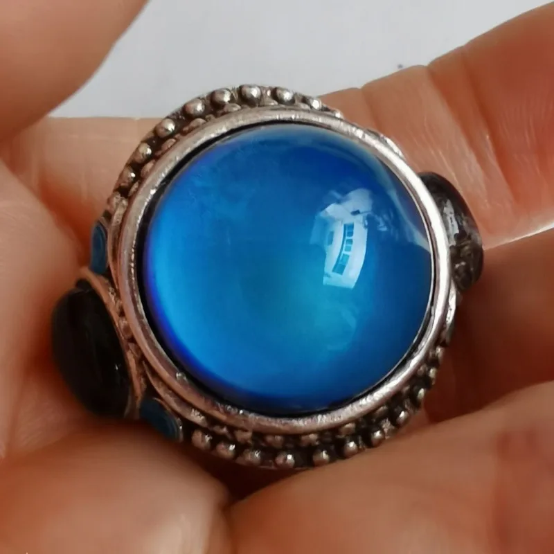 Vintage Solid Silver Cloisonne Open Ring, 3-Side Inlaid Temp Color Change Round Gem, Ethnic Adjustable Thumb Ring for Men Women