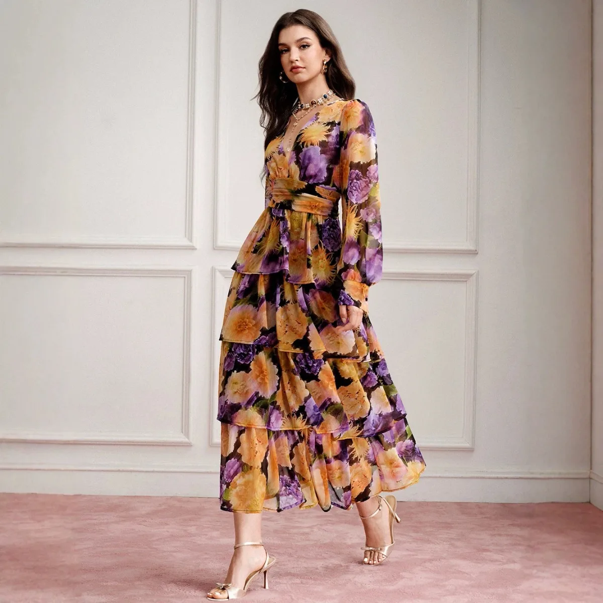 Women Elegant V Neck Long Sleeve Tiered Ruffle Maxi Dress Slim Fit Waist-Cinching Romantic Soft Breathable Flattering Comfy