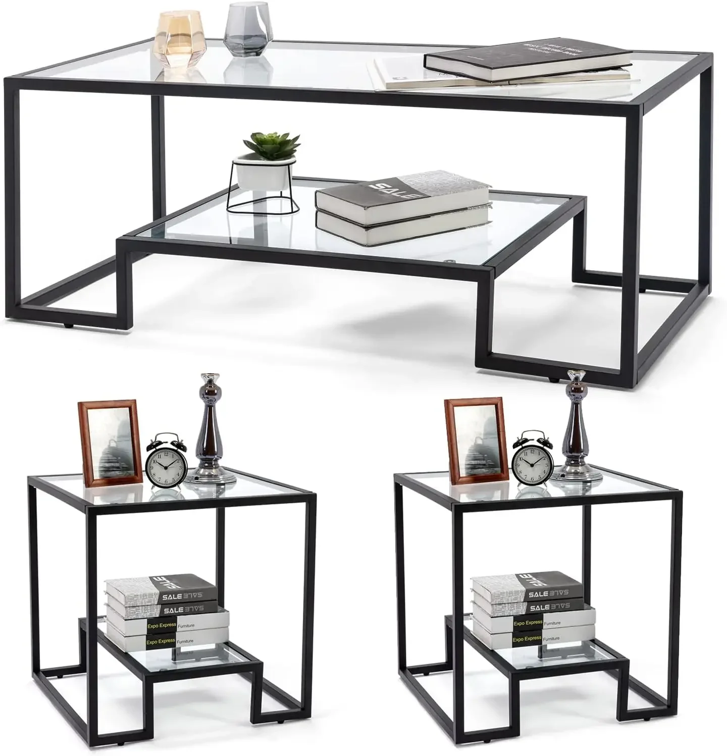 

Simple Modern Glass 3-Piece Table Set, Includes Coffee Table and 2 End Tables, Black