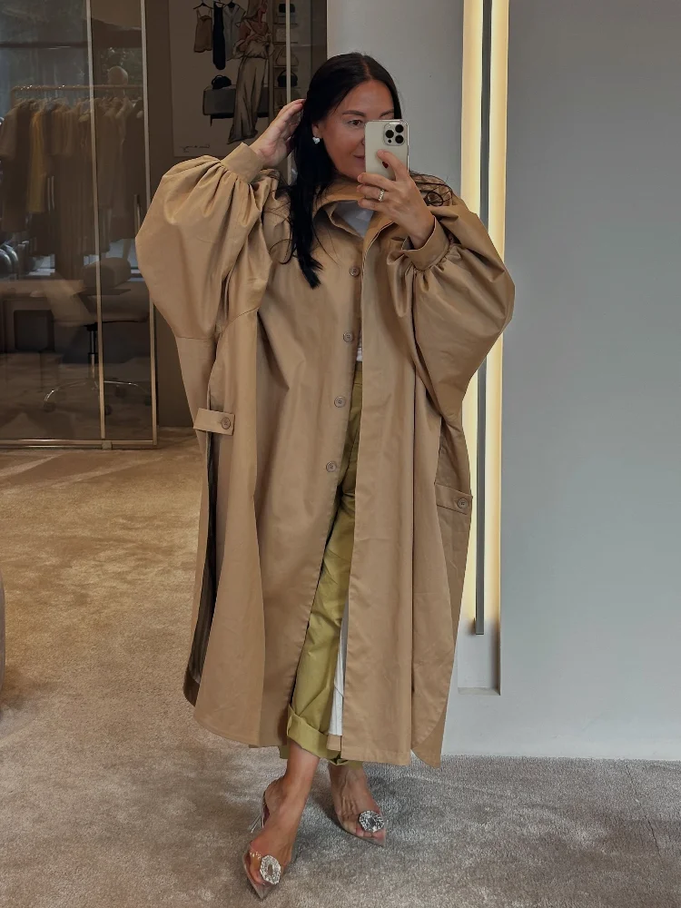 2026 Oversized Side Split Trench Coat Women Elegant Single Breasted Lantern Sleeve Overcoat Female Commute Fall Street Outerwear