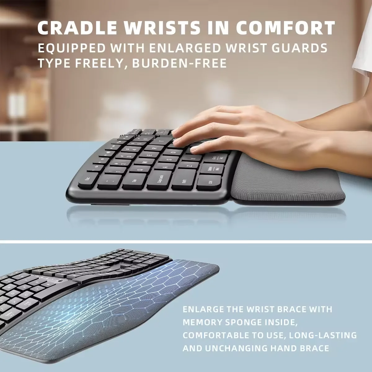 Ergonomic Fold Keyboard for Office 2.4G BT Dual Mode Palm Rest Multi-Device Rechargeable 5000mAh Long Endurance for Laptop PC