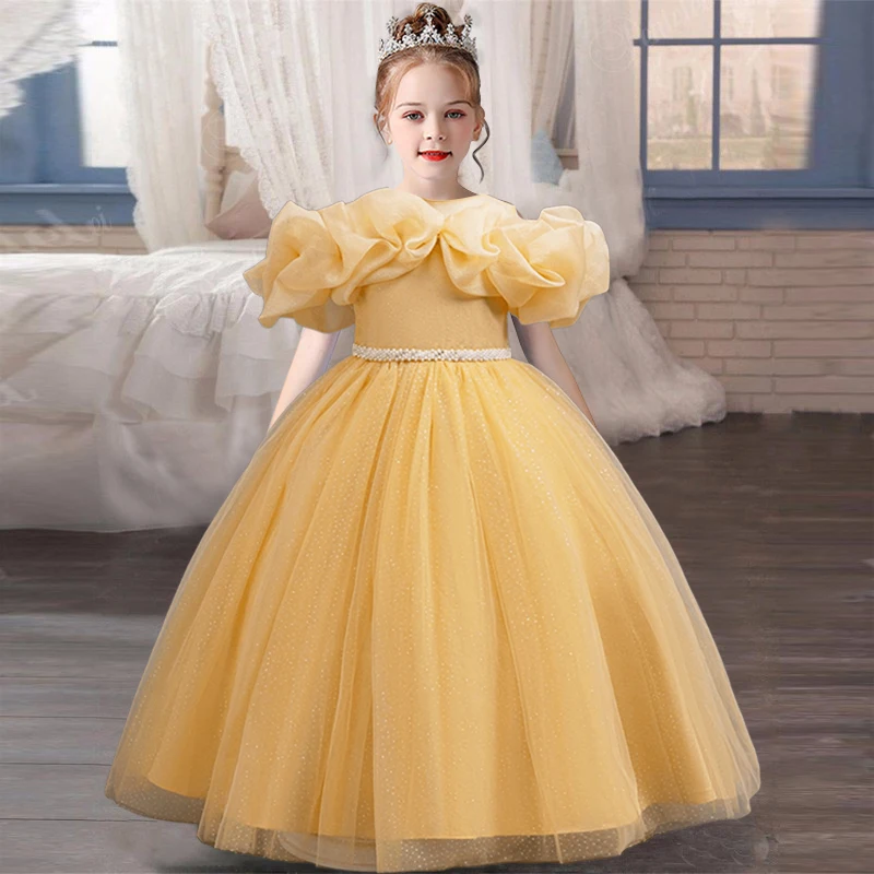 New 4-12 Years Old Children Dress Girls Princess Dress Beaded Satin Bow Party Costume Elegant Girls High-end Venue Dress