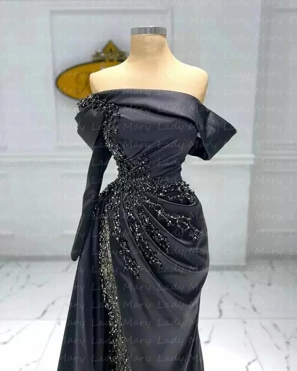 Customized Black Evening Dresses Sequins Off The Shoulder Formal Prom Gowns Single Long Sleeves Vestido De Noche 2024 Africa