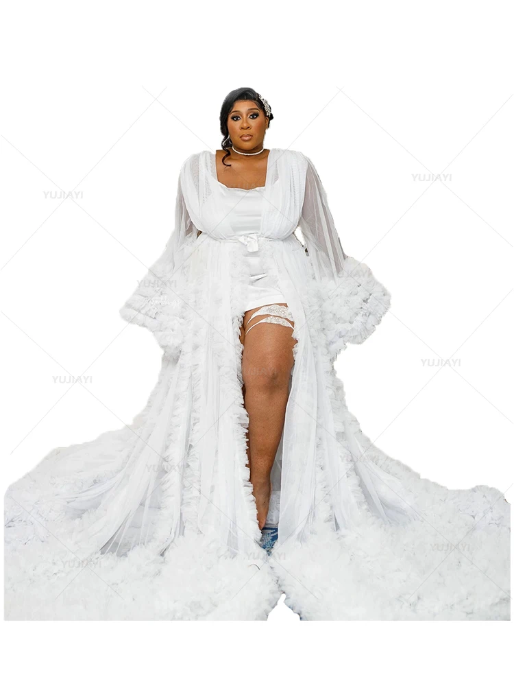 Extra flauschige Tüll Brautkleid gestufte Rüschen Frauen Kleid Hochzeit Nachtwäsche mit langen Zug vorne geteilt Braut Dessous Nachtwäsche