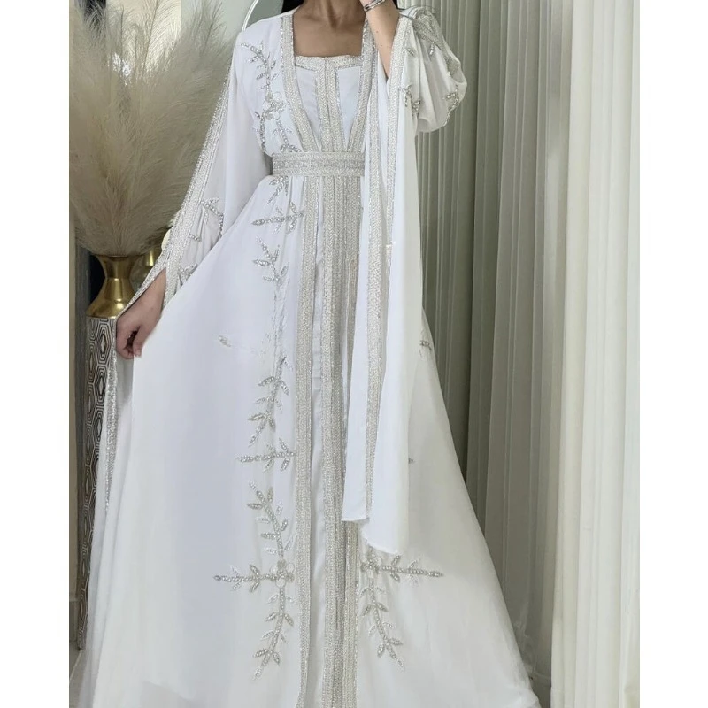 New White Jacket Moroccan Kaftan Silver Beaded Work Bridesmaid Dress