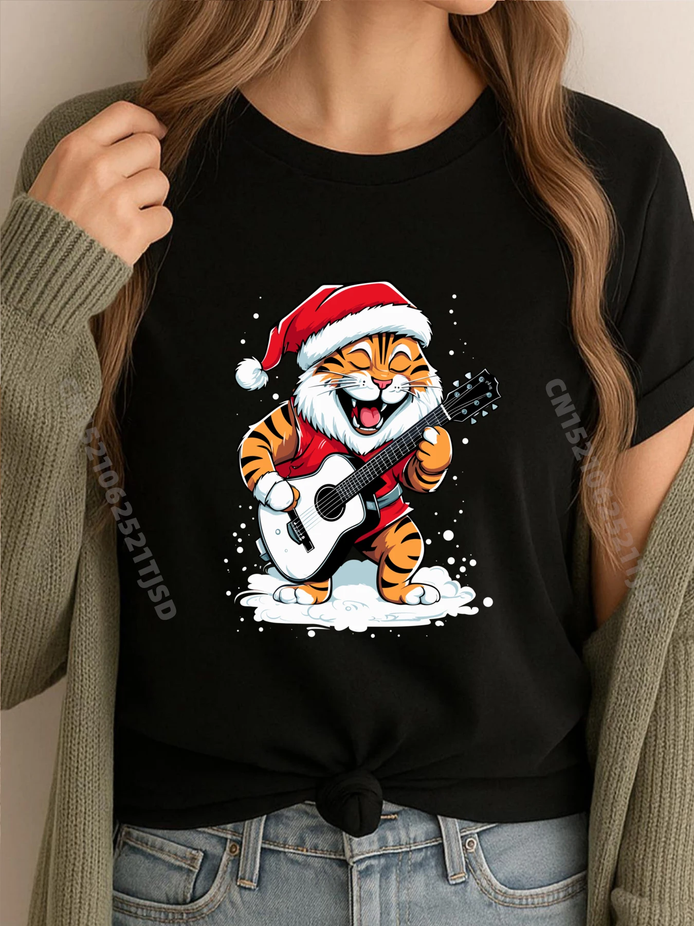 

Tiger Playing Guitar Christmas Santa Hat Tiger Lover Xmas Graphic T Shirts 100% Cotton Mens T Shirts WashedT Shirt Washed Game