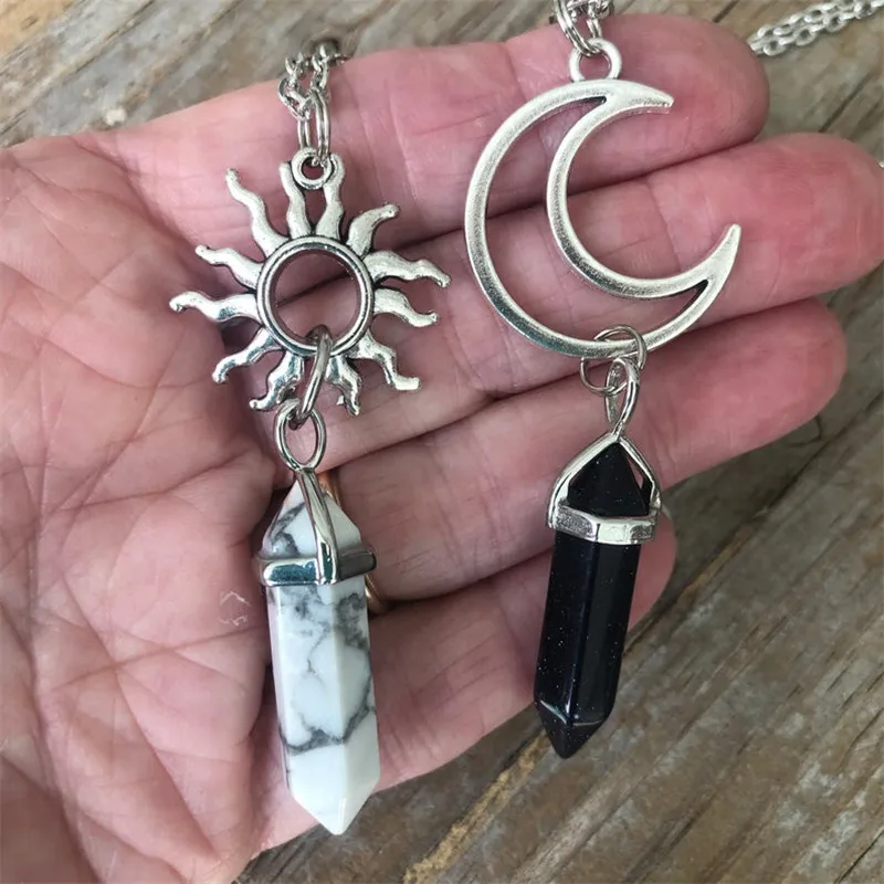 2pcs Vintage Sun Moon Natural Stone Hexagon Column Crystal Couple Jewelry Necklace Women Charm Accessories Pendant Gift