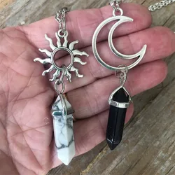 2pcs Vintage Sun Moon Natural Stone Hexagon Column Crystal Couple Jewelry Necklace Women Charm Accessories Pendant Gift