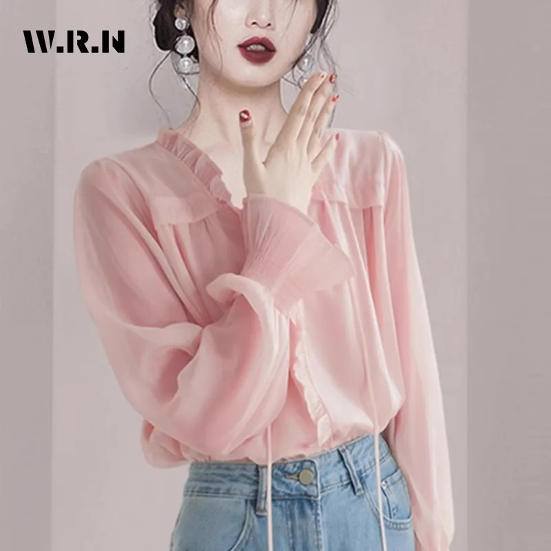 2024 Summer Sweet Round Neck Elegant Solid Pink Long Sleeve Shirt Women Causal Chic Soft Blouses Lace-up Chiffon Tees Top