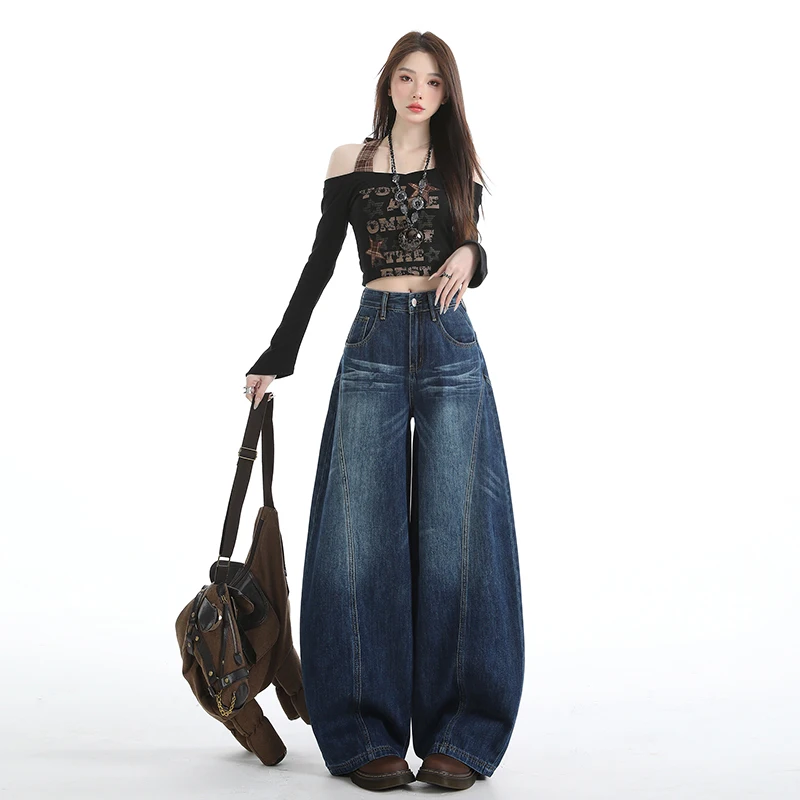 SuperAen Single American Retro High Street Wide-leg Jeans Women's Straight Loose Pants