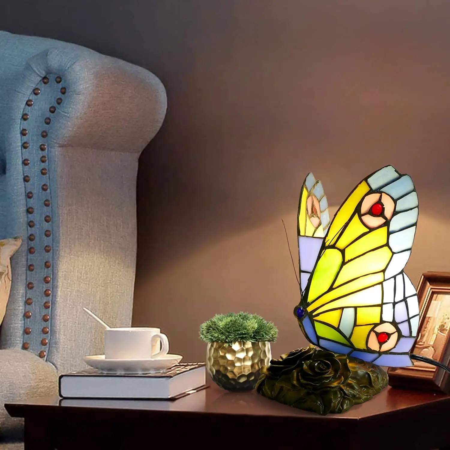 #@Butterfly Tiffany Style Stained Glass Table Lamp Vintage Table Lamp Night Light LED Bulb Included for Home Room Decor Gift