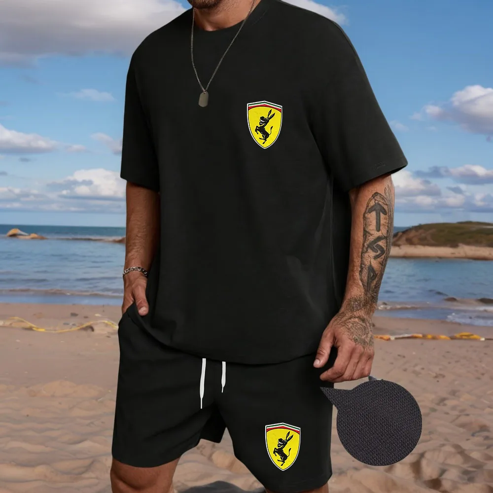 

summer breathable men's short-sleeved T-shirt and shorts two-piece set, fashionable outdoor beach casual men's suit