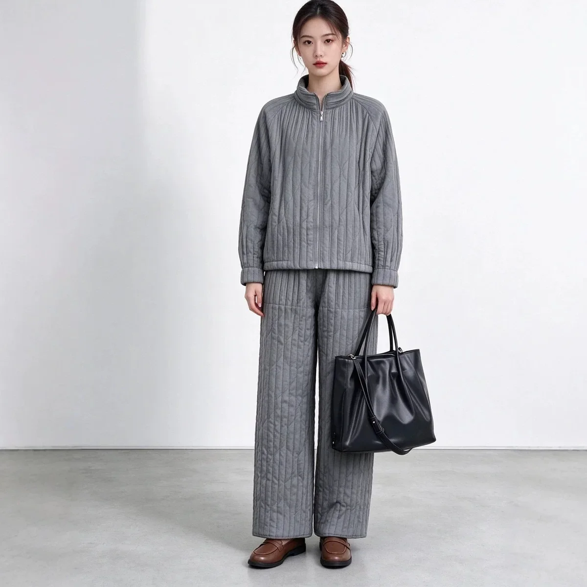 Miyake Women Quilted 2 Piece Outfit, Stand Collar Zip Jacket & Wide Leg Pants Set Warm Casual Tracksuit